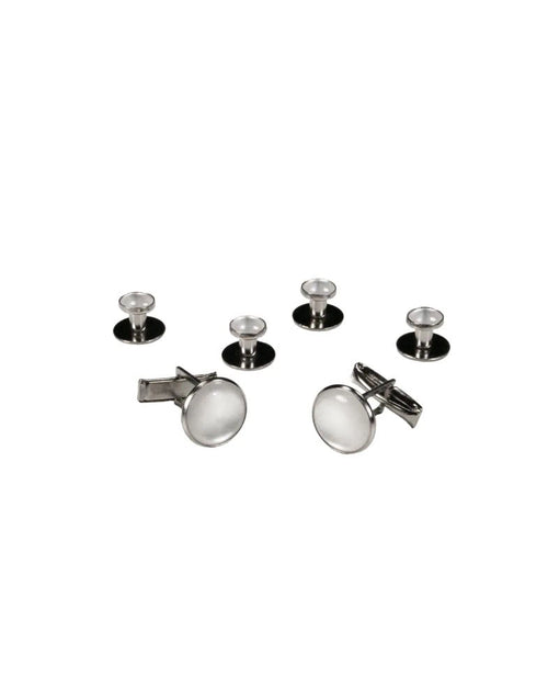 White on Silver Metal Studs and Cufflinks Set