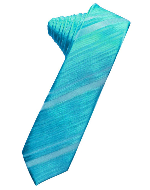 Turquoise Striped Satin Skinny Suit Tie
