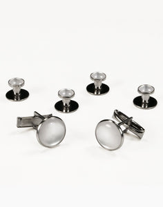 White on Silver Metal Studs and Cufflinks Set