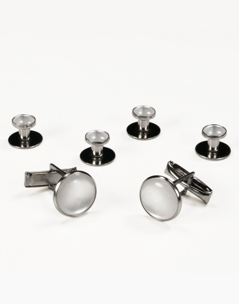 White on Silver Metal Studs and Cufflinks Set